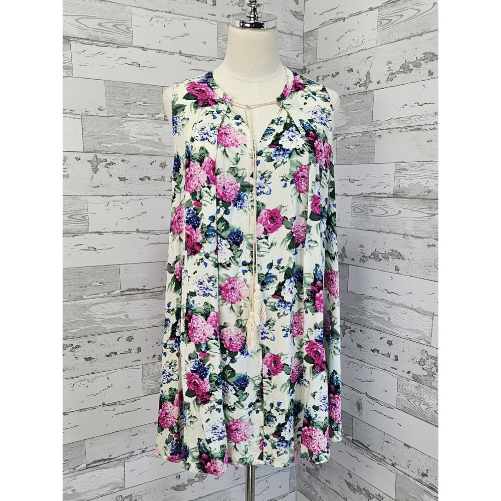 Umgee Floral Print Tassel Sleeveless Mini Dress Medium Flowey Lightweight
